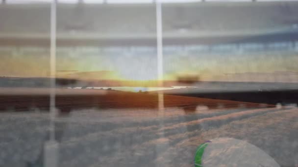 Animatie Van Rugbybal Geplaatst Rugbyveld Het Stadion Met Zonsopgang Achtergrond — Stockvideo