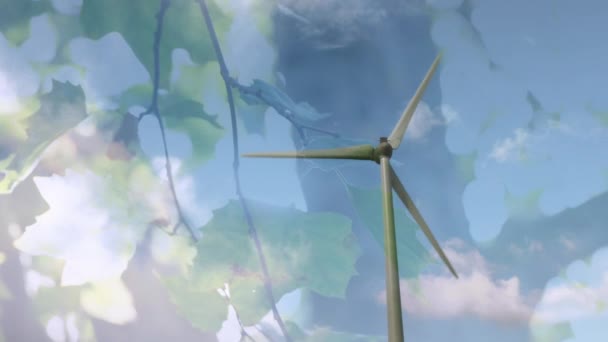 Animation Turning Wind Turbine Trees Foreground — Stockvideo