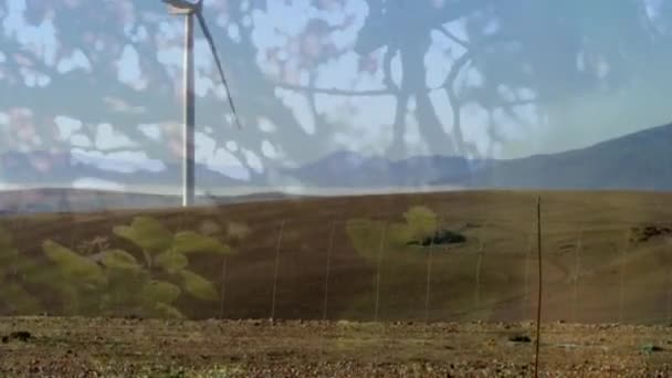 Animation Turning Wind Turbine Trees Foreground — Stockvideo