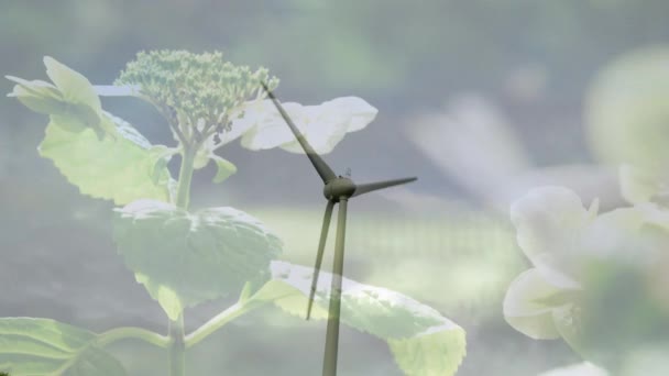 Animation Turning Wind Turbine Flowers Foreground — Stock Video