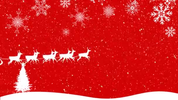 用红色背景冷杉树的驯鹿拉着雪橇上的圣诞老人白色轮廓的动画 — 图库视频影像