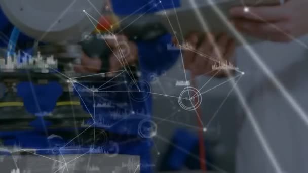 Animation du réseau de connexions avec des scientifiques occupés en arrière-plan 