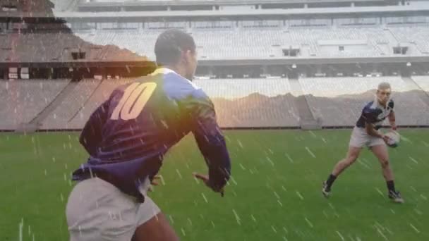 Animation Rugby Players Playing Rain Stadium — Stockvideo