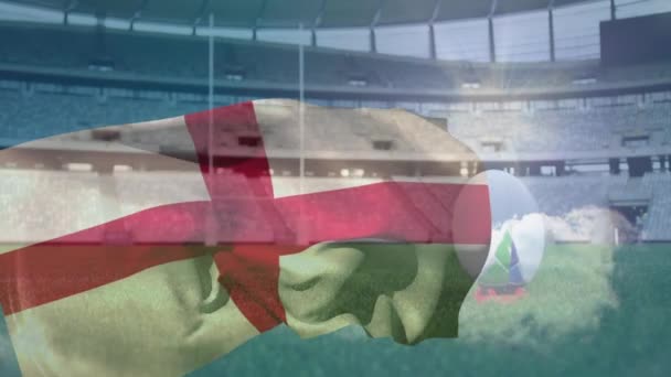 Animatie Van Engelse Vlag Zwaaiend Een Rugbybal Een Sportstadion — Stockvideo