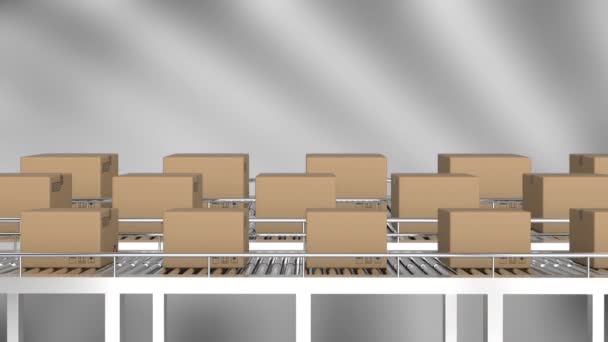 Animación Filas Cajas Cartón Moviéndose Sobre Bandas Transportadoras — Vídeos de Stock