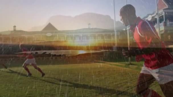 Animation Von Rugbyspielern Während Eines Spiels Bei Dem Regen Vordergrund — Stockvideo