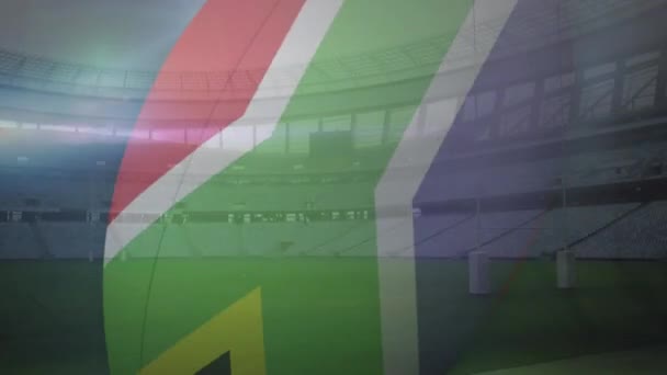 南非国旗橄榄球的动画和橄榄球体育场前的南非字样 — 图库视频影像