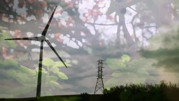 Animation Turning Wind Turbine Trees Foreground — Stockvideo