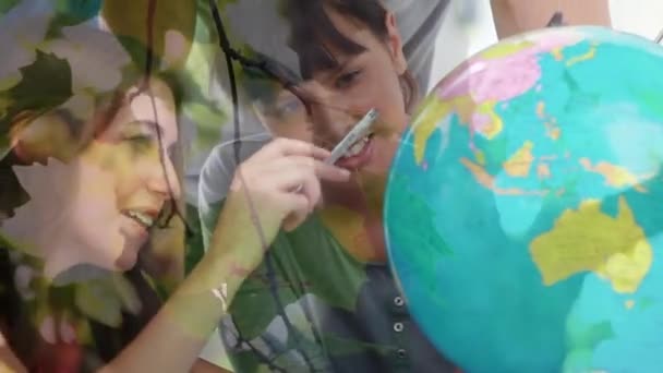 Animation Group Caucasian Male Female Friends Using Globe Trees Foreground — Stock Video