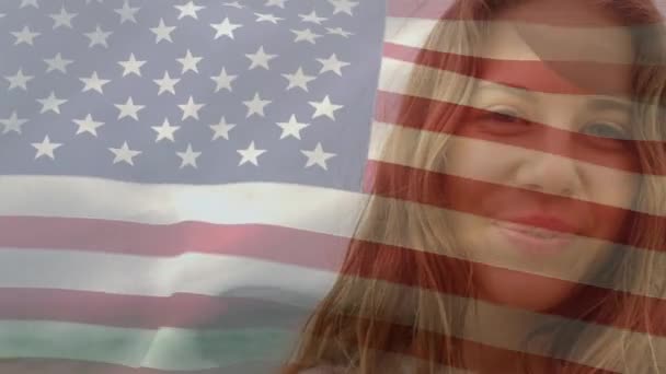 Animation Young Woman Looking Camera American Flag Waving Foreground — ストック動画