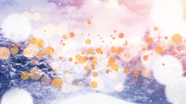 Анімація Зимових Пейзажів Падаючим Снігом Жовтими Плямами Світла Фоні — стокове відео