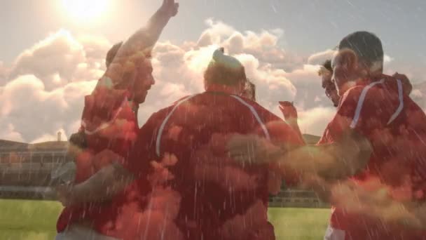 Animation Rugby Players Huddle Giving High Fives Match Rain Clouds — ストック動画