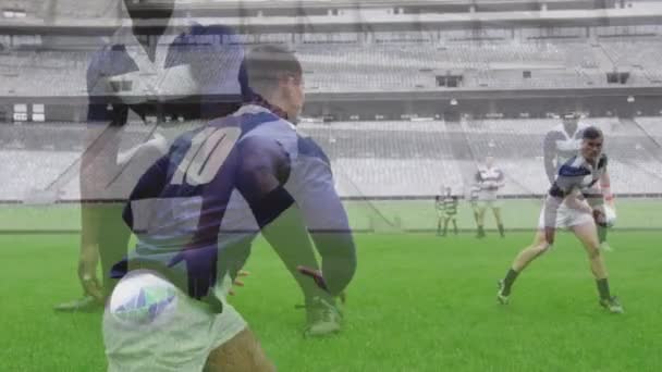 Animatie Van Rugbyspelers Tijdens Een Wedstrijd Een Stadion — Stockvideo