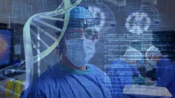 Animation Dna Strand Spinning Data Processing Surgeons Operating Theatre — ストック動画