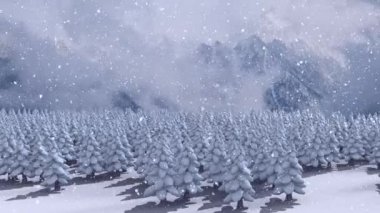 Kar yağan kış manzarası ve arka planda köknar ağaçları.