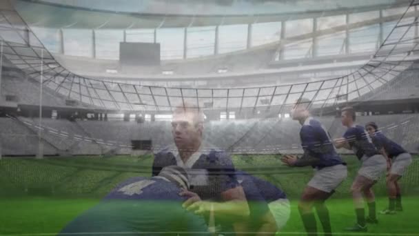 Animation Rugby Players Starting Game Stadium Cameras Flashing — ストック動画