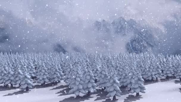 Анимация Зимних Пейзажей Падающим Снегом Еловыми Деревьями Заднем Плане — стоковое видео