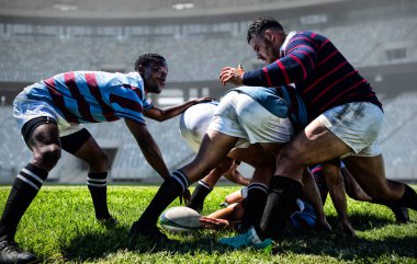 Rugby oyuncuları stadyumda ragbi topuna karşı.