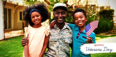 Amerika 'da gaziler günü için logo, çocuklu asker portresine karşı.