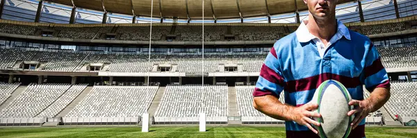 Rugbyspieler Gegen Rugbytorpfosten Einem Sonnigen Tag Stadion — Stockfoto