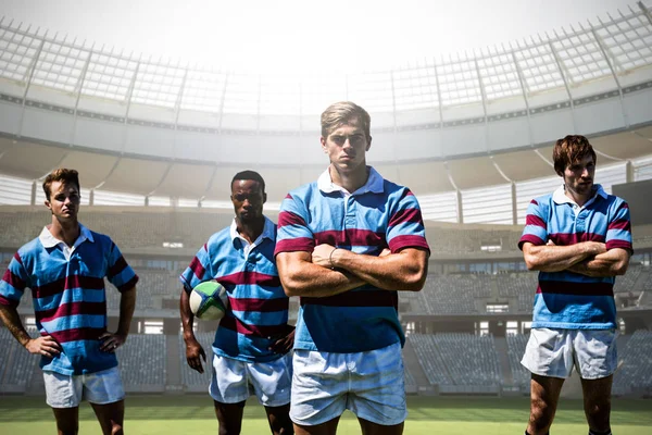 Rugbyspieler Gegen Rugbytorpfosten Einem Sonnigen Tag Stadion — Stockfoto