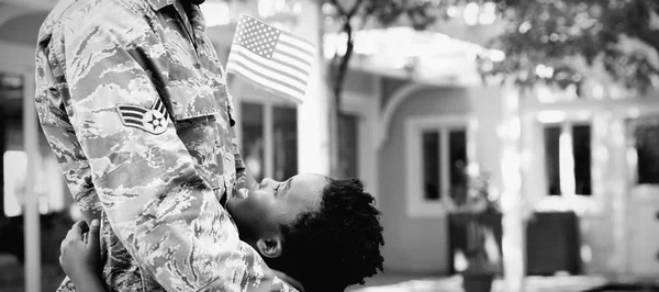 Side View Close Young Adult African American Male Soldier Garden — Stock Photo, Image