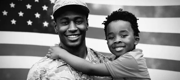 Portrait Close Young Adult African American Male Soldier Carrying His — Stock Photo, Image