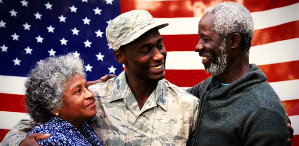 Portrait Young Adult African American Male Soldier Embracing His Parents — Stock Photo, Image