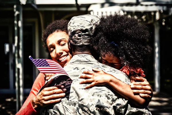 Rear View Close Young Adult African American Soldier Embracing His — Stock Photo, Image