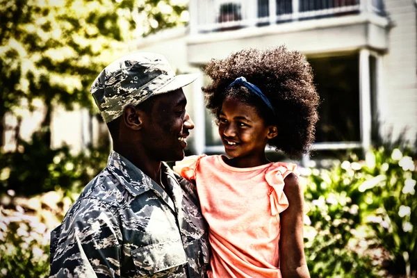 Front View Close Young Adult African American Male Soldier Garden — Stock Photo, Image