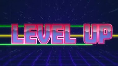 Seviye Kırmızı büyük harflerle yazılmış kelimelerin animasyonu yeşil ve sarı yatay çizgilerin üzerinde yeşil ve beyaz ile koyu mavi yıldızlı gökyüzü arkaplanı ile hareket eden mor çizgiler üzerinde