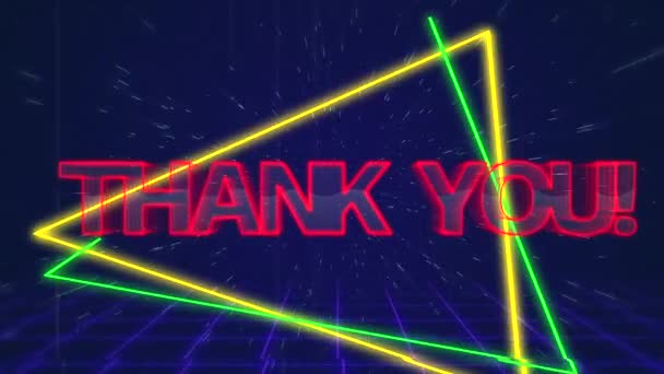 Animación Las Palabras Gracias Escrito Mayúsculas Rojas Triángulos Verdes Amarillos — Vídeo de stock