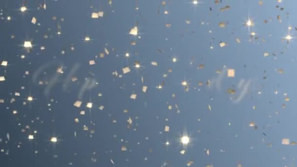 Анимация Слов Счастливые Праздники Написанных Золотыми Буквами Золотыми Хлопьями Синем — стоковое видео