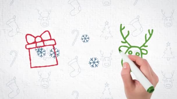 Animation Words Seasons Greetings Being Written Marker Drawings Reindeer Christmas — ストック動画