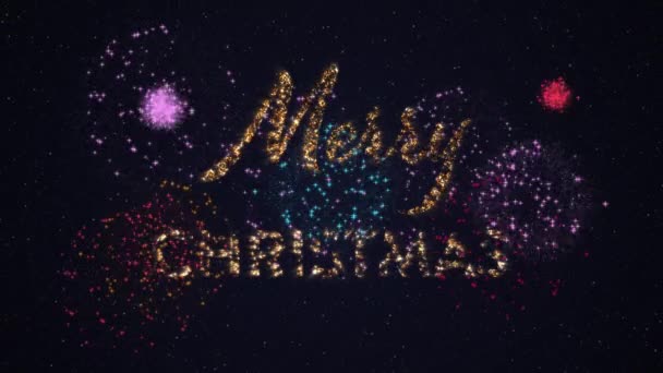 Animation Der Worte Frohe Weihnachten Funkelnden Buchstaben Mit Feuerwerk Auf — Stockvideo