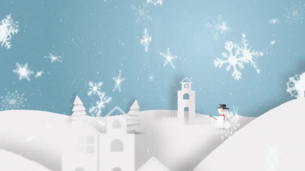 动漫的文字快乐假期 白字写着 雪下着 冬天的风景是蓝色的背景 圣诞佳节的概念 — 图库视频影像