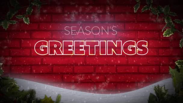 Animation Flickering Neon Words Seasons Greetings Red Brick Wall Christmas — ストック動画