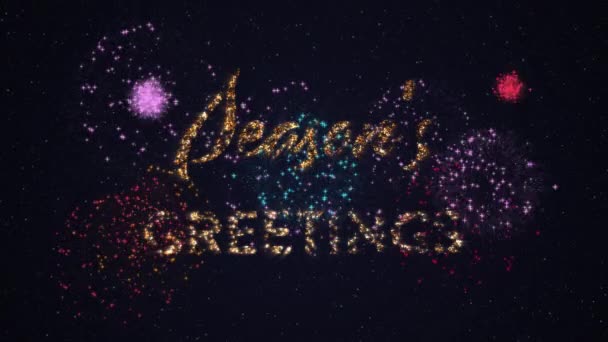 Animation Words Seasons Greetings Sparkling Letters Firework Display Black Background — ストック動画