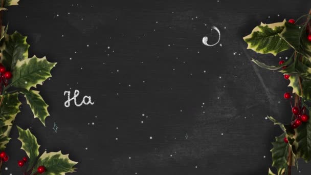 快乐假期 这个词的动画用白色写在圣诞圣枝上 背景是黑色的 圣诞佳节的概念 — 图库视频影像