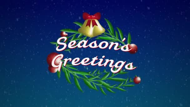 Анимация Слов Seasons Greetings Written White Christmas Decorations Blue Background — стоковое видео