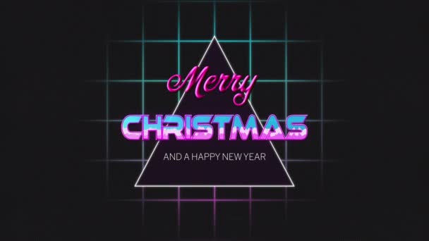 圣诞快乐 新年快乐 这两个词的动画 用粉色和蓝色数字字体写成 三角形和黑色背景的网格 圣诞佳节的概念 — 图库视频影像