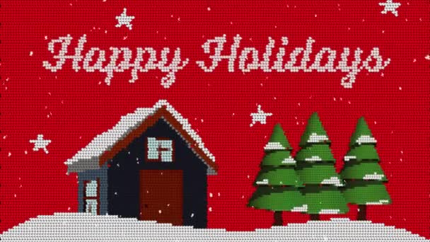 Анимация Слов Счастливые Праздники Снегопадом Зимние Пейзажи Красном Пиксельном Фоне — стоковое видео