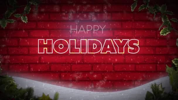Animation Flickering Neon Words Happy Holidays Red Brick Wall Christmas — ストック動画