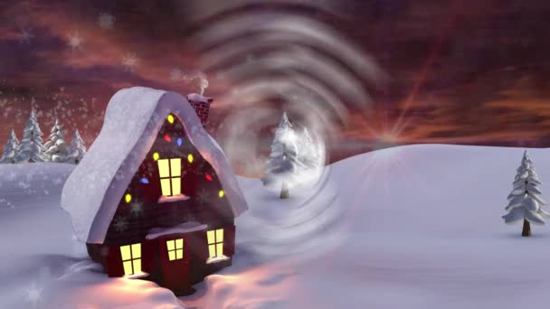 动画中的 快乐假期 一词是以白色写的 冬天的风景以房子为背景 圣诞佳节的概念 — 图库视频影像