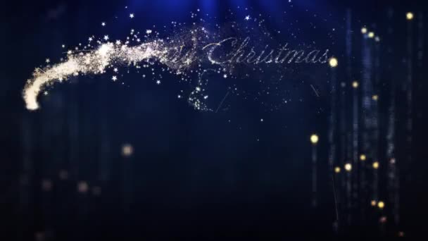 圣诞快乐 这几个字的动画 用金色写的 点着烟火 光线在蓝色的背景上旋转 圣诞佳节的概念 — 图库视频影像