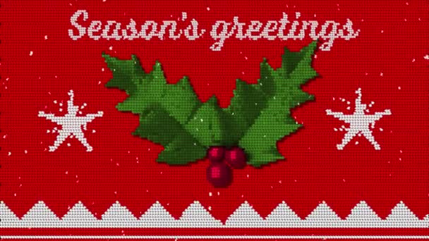 Kırmızı Kumaş Üzerine Beyaz Harflerle Yazılmış Seasons Greetings Kelimelerinin Animasyonu — Stok video