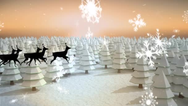 Анимация Зимних Пейзажей Черным Силуэтом Санта Клауса Санях Тянущихся Северными — стоковое видео