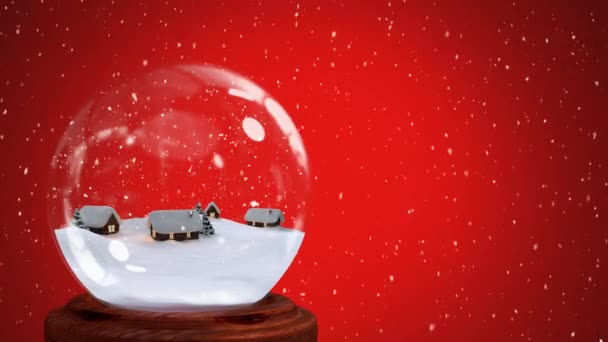 圣诞雪球的动画 房子在里面 雪在红色背景上落下 — 图库视频影像