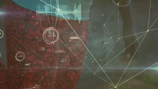 Animation du traitement des données avec une section médiane d'une femme étirant pendant une séance d'entraînement en arrière-plan 