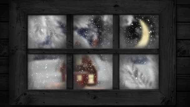 在乡间 透过窗户看到冬季景色的动画 月亮和雪花飘落 冷杉凋零 — 图库视频影像